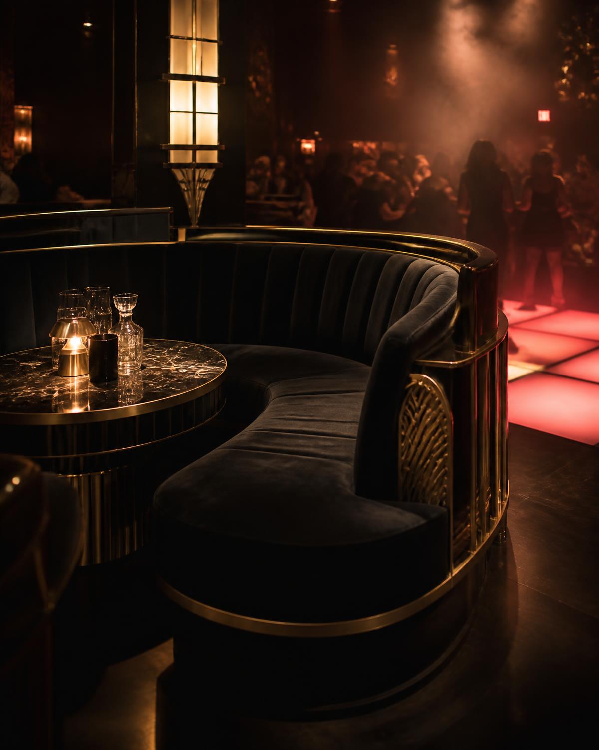 Velvet booth with brass deco trim overlooking the dance floor